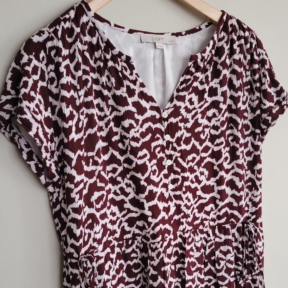 LOFT Burgundy and White Print Midi Dress